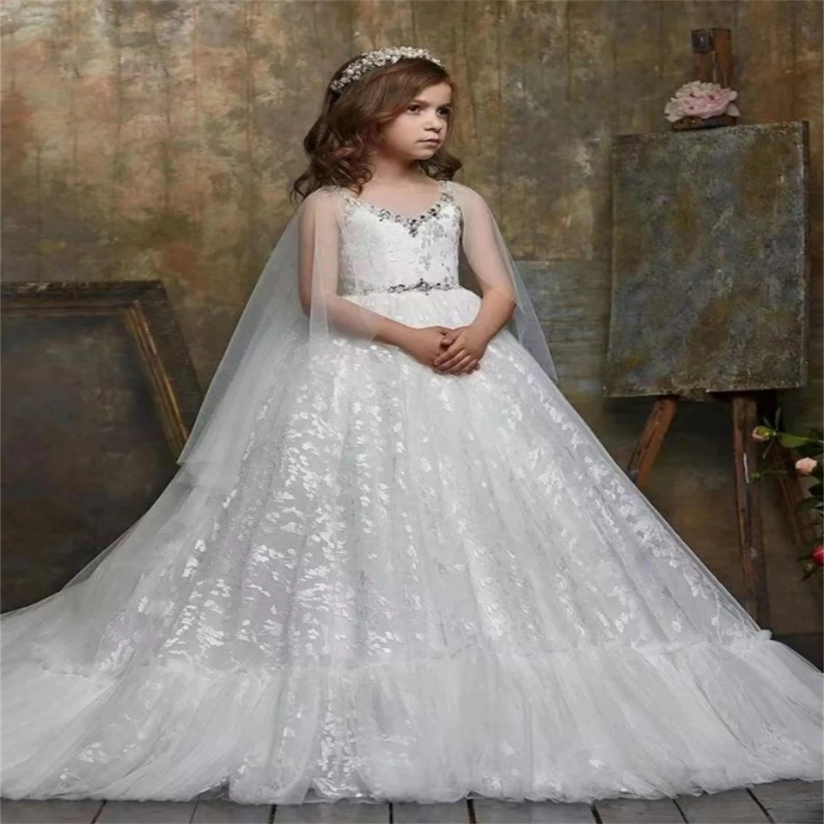 

White Tulle Lace Sparkling Decal Crystal Belt Trail Sleeveless Flower Girl Dress Wedding Flower Child Birthday Supper Dress