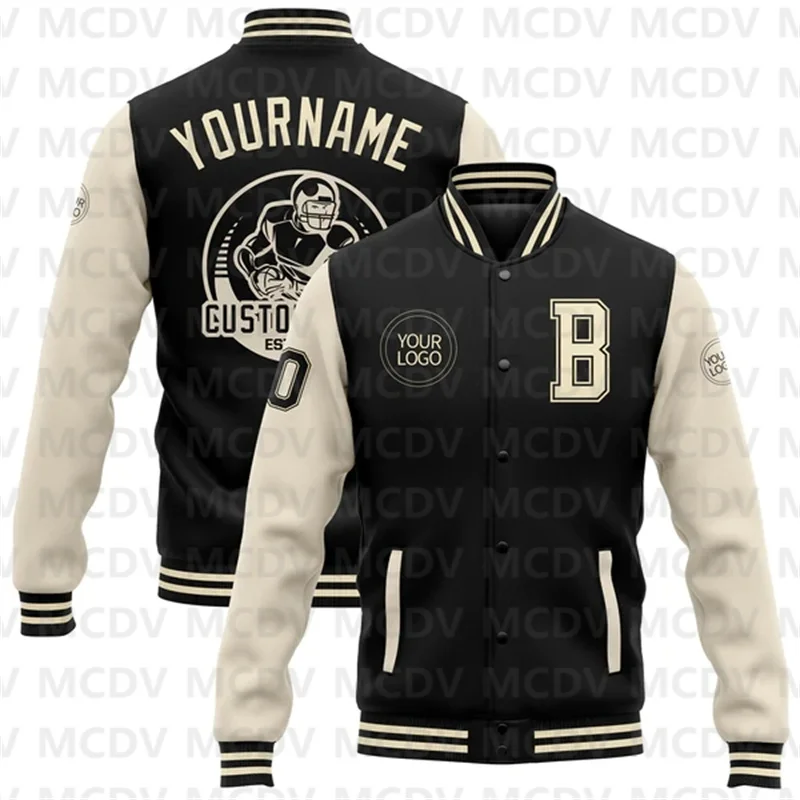 

Custom Black Cream Bomber Full-Snap Varsity Letterman Two Tone Jacket