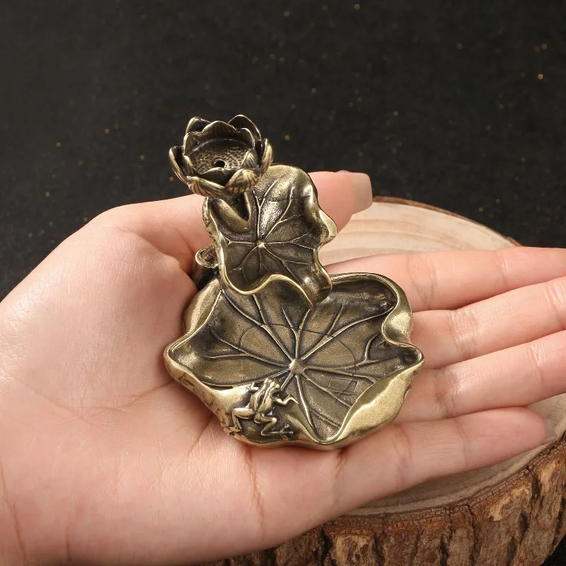 1pc Antique Brass Lotus Leaf Backflow Incense Burner Decorations Solid Pure Copper Frog Lotus Pond Ornaments Tea Pets