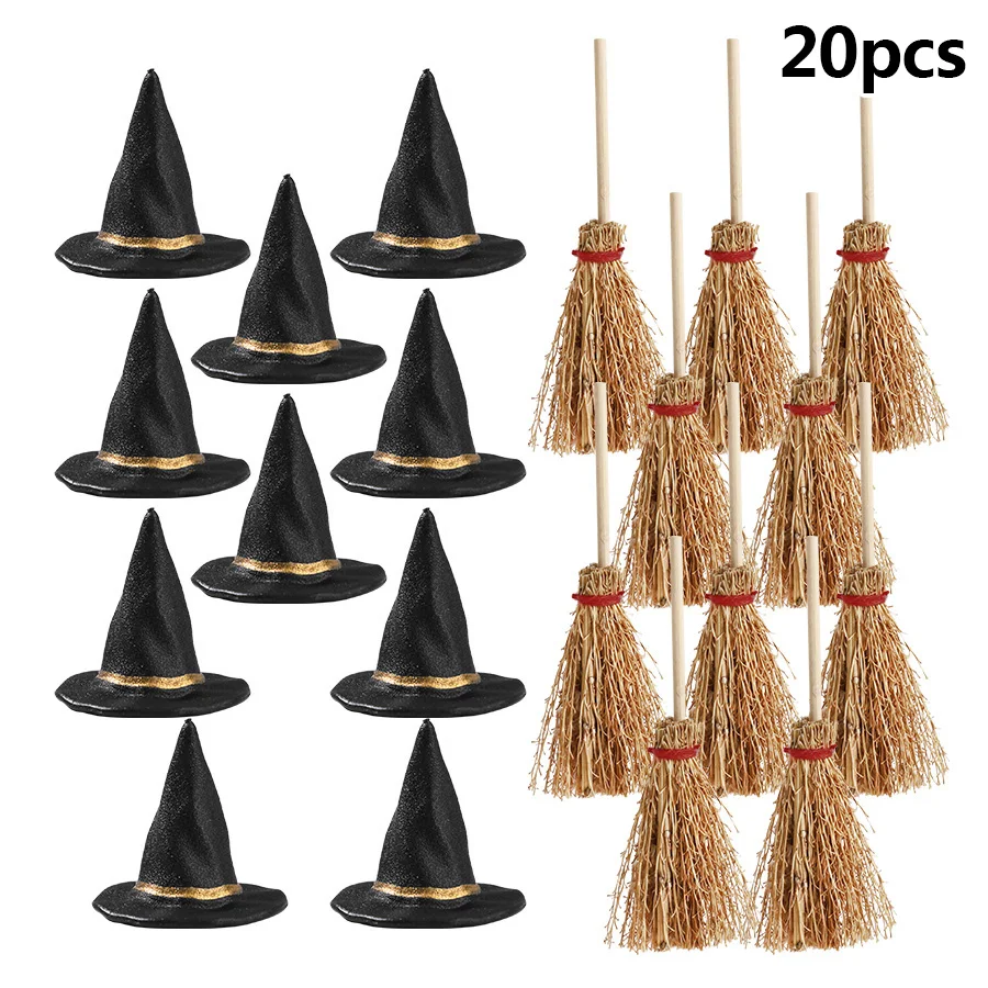 20 Stück Miniatur-Hexenhüte und Mini-Besen für Halloween-Partys, Heimdekoration, DIY-Bastelarbeiten, Geschenke, Weinflaschen-Topper