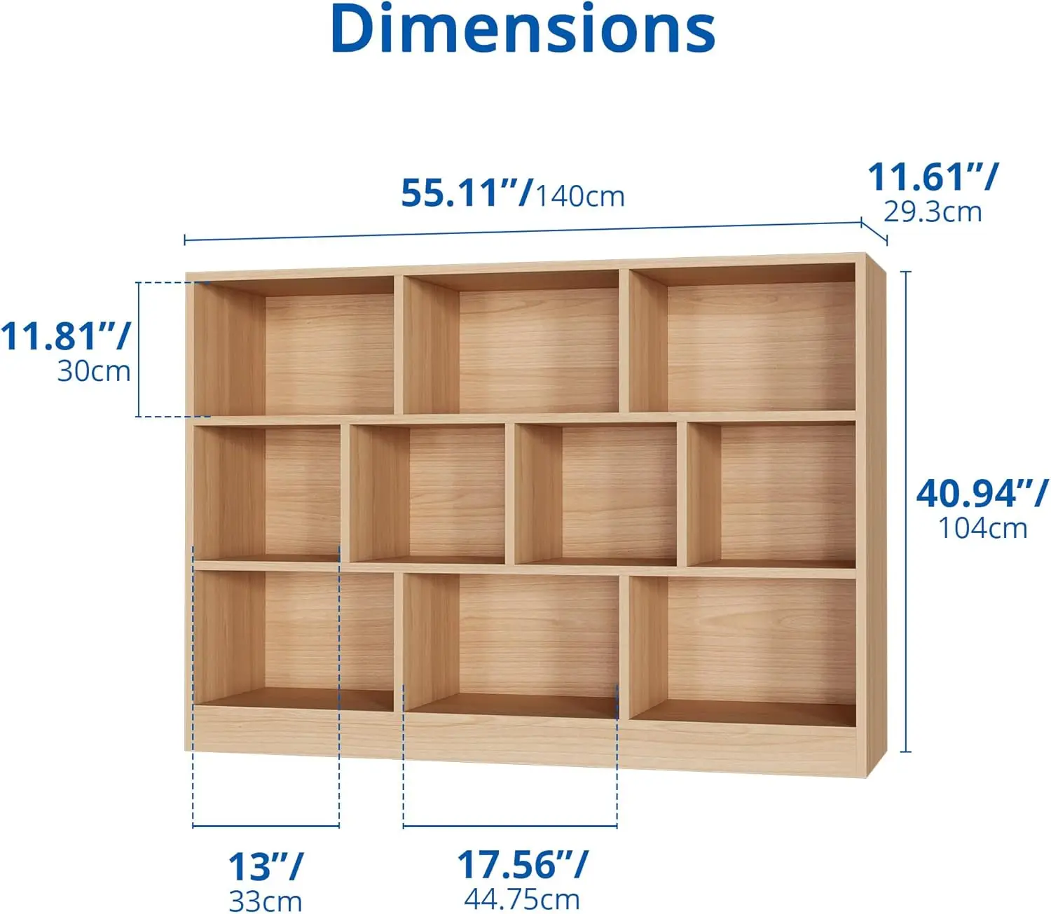 Libreria Castle Oak, libreria a scaffale aperto a 3 livelli, Organizer per riporre 10 cubi con dispositivo Anti-inclinazione per camera da letto, soggiorno,