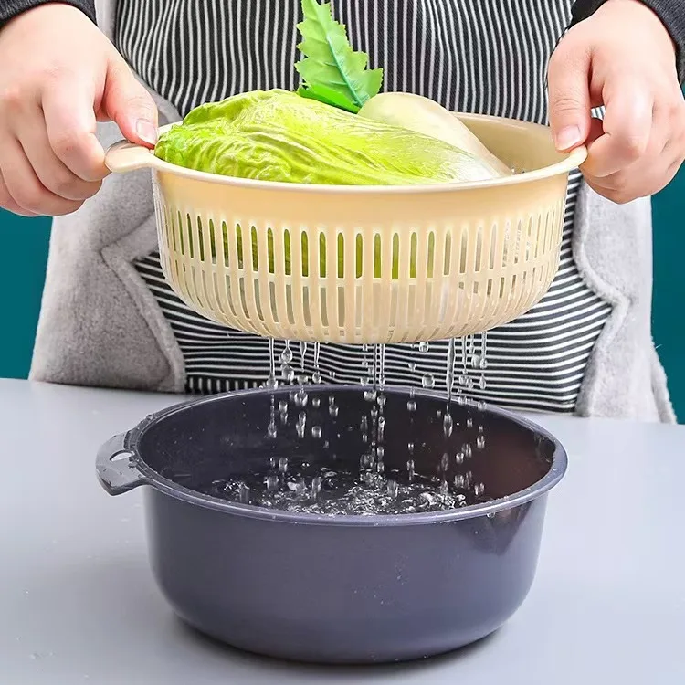 6-Piece Set/Kitchen Double-Layer Vegetable Washing Basin Multifunctional Plastic Draining Basket