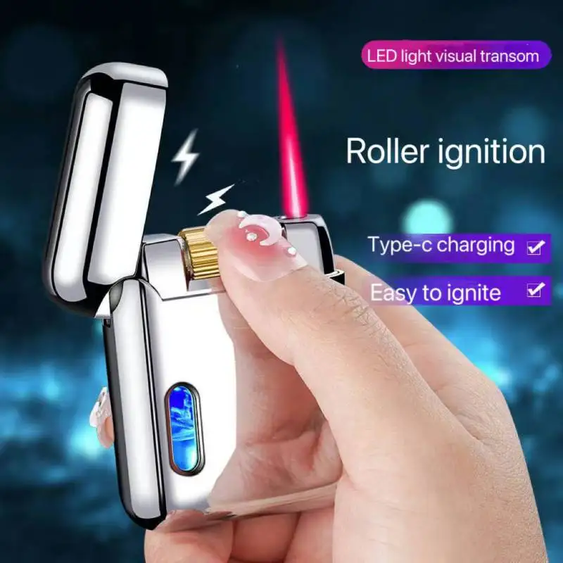 

New Cool Roller Electronic Induction Ignition Douyin Hot Item Trendy Red Flame Metal Windproof Inflatable Gas stove lighter