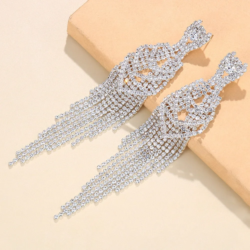 Temperament Rhinestone Heart Long Tassel Earrings Ladies Wedding Crystal Big Drop Dangle Earrings Banquet Jewelry Accessories