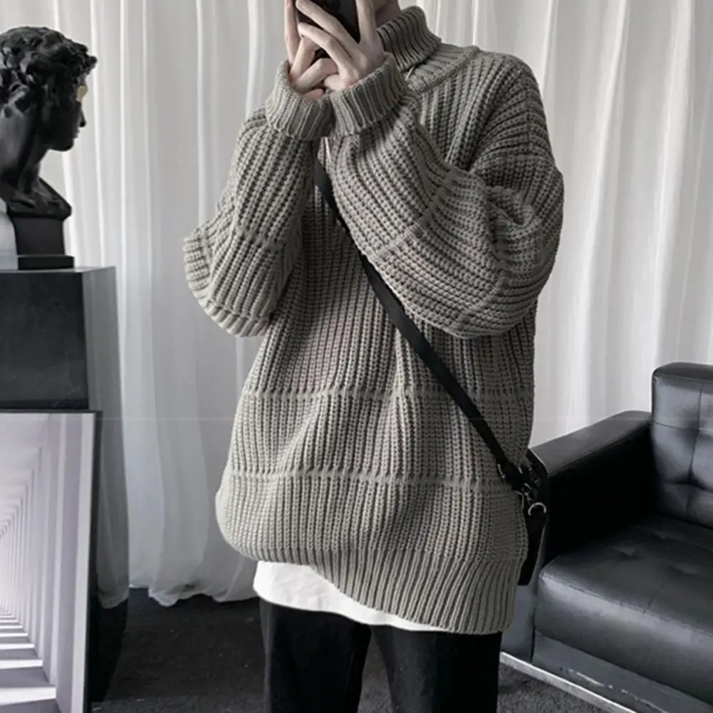 

Mid Length Sweater Solid Color Sweater Cozy Mid-length Men's Sweater Warm Knitted High Collar Elastic for Winter/fall