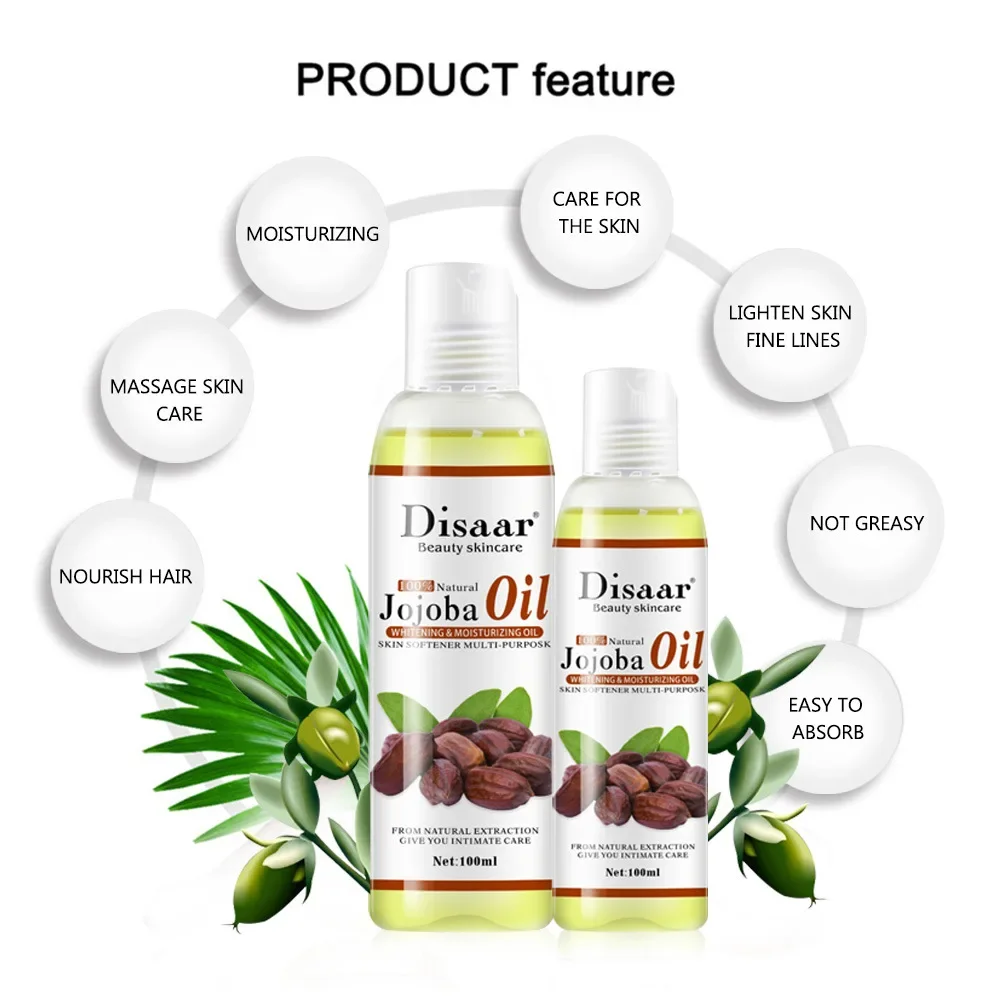 Disaar 100% Natural Organic Jojoba Oil Massage Skin Care Relieve Stress Relaxing Moisturizing brighten Tone Essential Oil 100ml