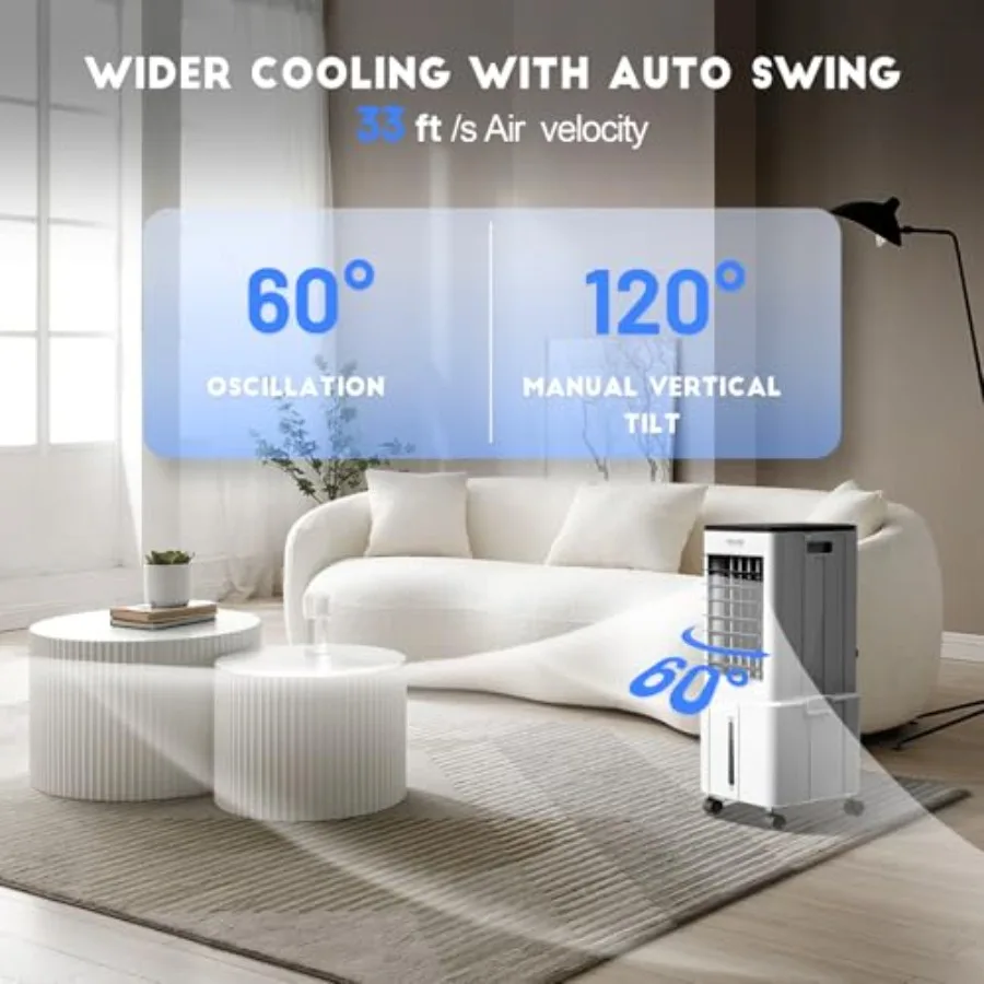 Portable evaporative air cooler for indoor use, plastic body, white, 3.2-gal tank with 6 ice packs, remote control and 12H time