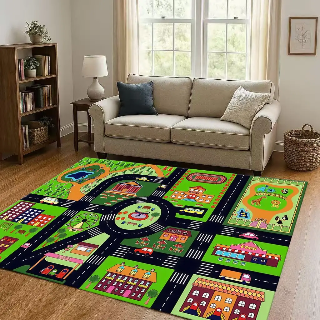 Child Interaction Game City Street Road Traffic Race Track Cartoon Living Room Kid Playroom Non-Slip Area Rug Carpet for Bedroom
