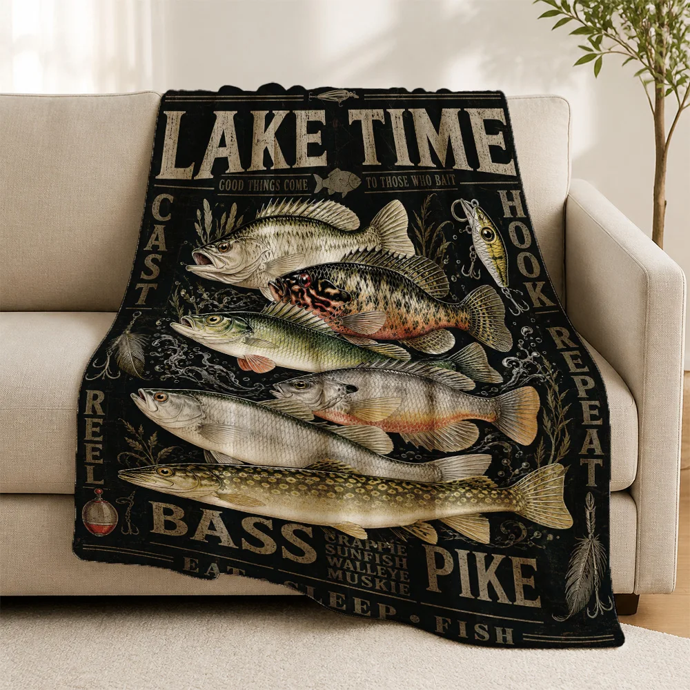 Durable Fishing Theme Throw Blanket for Sofa Couch Decor Gift Angling Tackle Lodge Cabin Decor Gift Sports Lovers Outdoor Man Ca