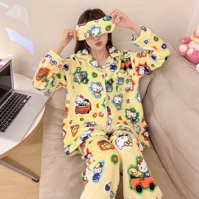 Hello Kitty winter plush pajamas women\'s, new lapel long-sleeved trousers knitted thermal Sanrio loungewear women\'s pajamas set