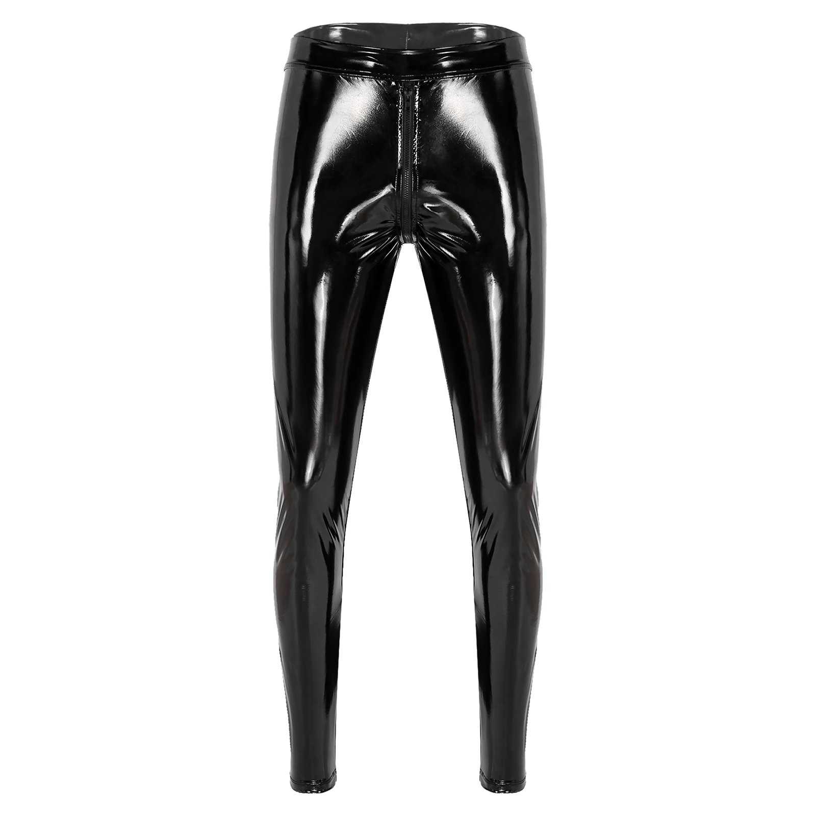 Mens Motorcycle Tight Long Pants Two-way Zipper Crotch Fashion Trousers Wet Look Patent Leather Skinny Pants Clubwear Leggings