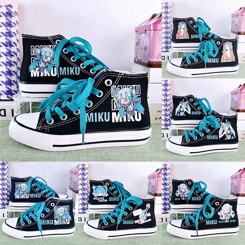 

Студенческие высокие парусиновые туфли Hatsune Miku, мужские и женские туфли в стиле аниме, универсальные нескользящие туфли с ручным рисунком, подарок на день рождения