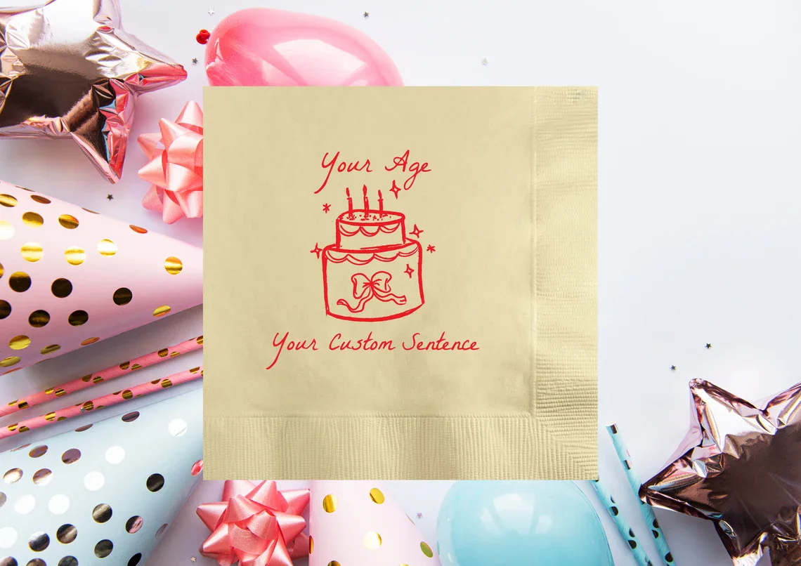 Hand Drawn Birthday Cake Personalized Birthday Party Napkins, Custom 30th Birthday Decors, Happy Birthday Favors Happy 50 Birthd