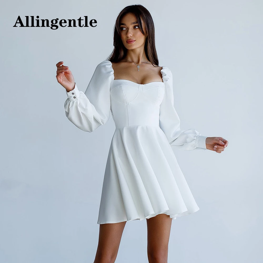 Allingentle Ivory Long Sleeves Homecoming Dress Sweetheart Mini-Length A-Line Satin Cocktail Gown Zipper Back Vestidos De Fiesta