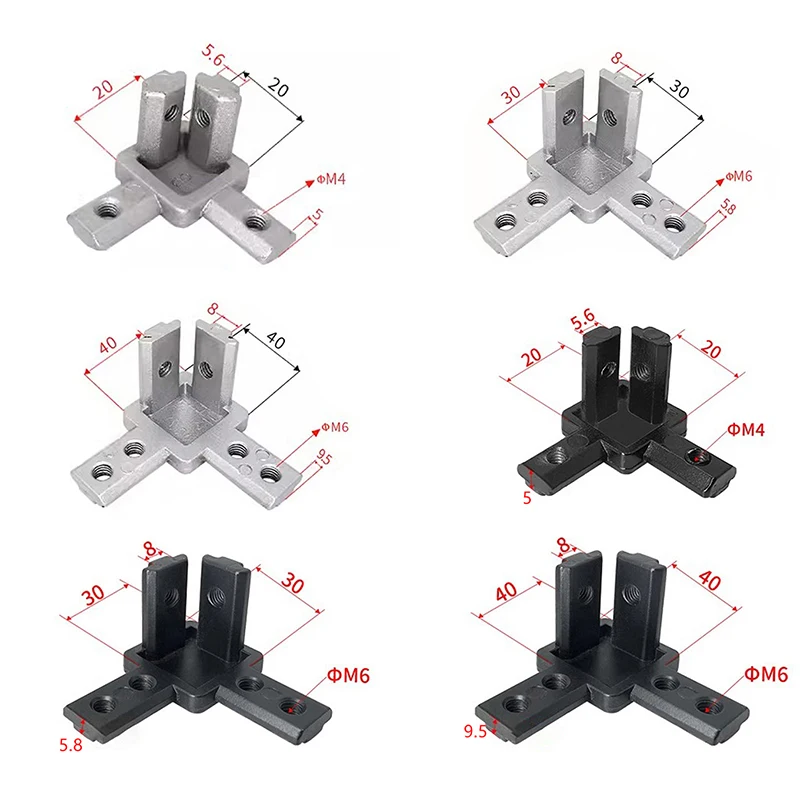 T 슬롯 2020 3030 4040 알루미늄 압출 프로파일 3차원 브래킷 부품용 4팩 3방향 엔드 코너 브래킷 커넥터