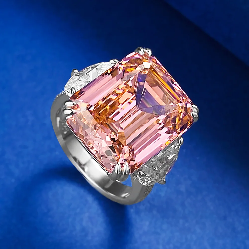 Luxury 13*16mm 15ct Emerald Cut Pink Orange Tourmaline High Carbon Diamond Rings for Women S925 Silver Rings Party Fine Jewelry