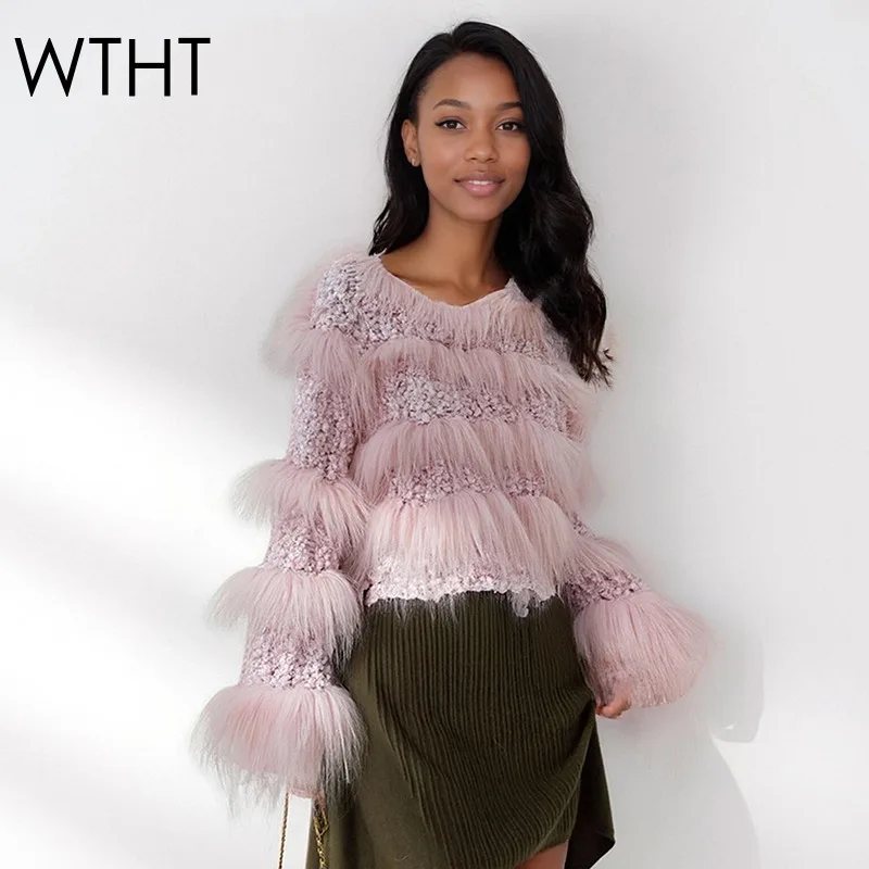 

WTHT новые модные женские плюшевые пуловеры с кисточками, дизайнерские вязаные пуловеры, осень 2021, модный женский свитер с круглым вырезом и длинными рукавами 1LS2612