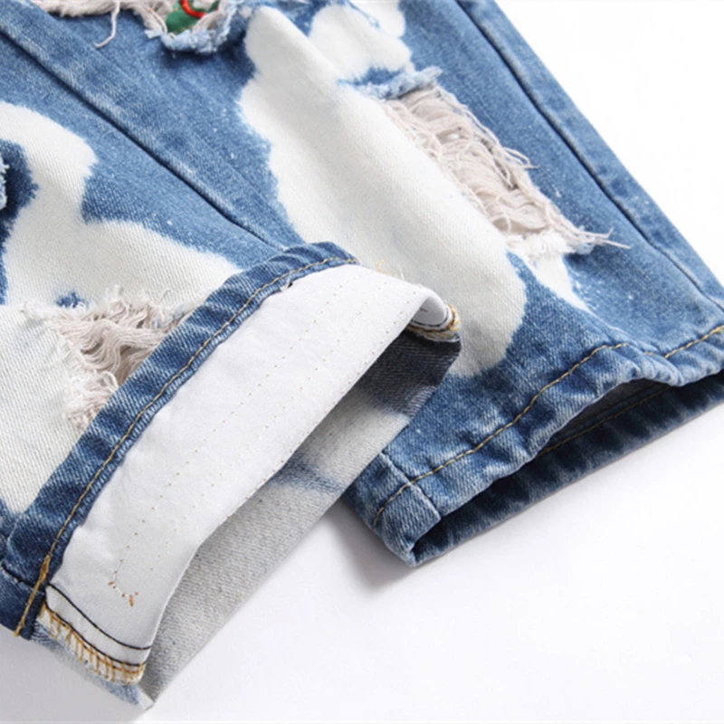 High Street Men Ripped Patch Jeans Mid-Waist Casual Straight Leg Hip Hop Pants Trend Casual Pants