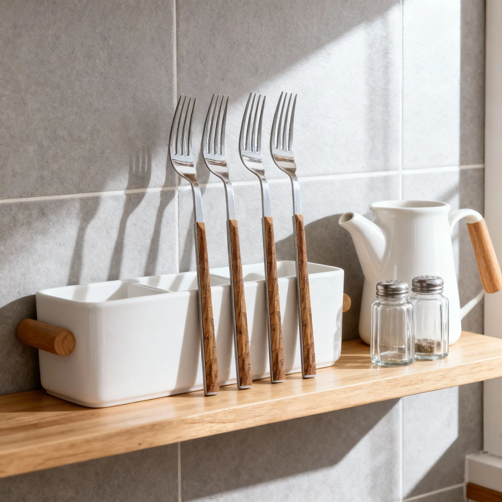 

4Pcs Stainless Steel Flatware Set Imitation Wood Handle Cutlery Salad Forks Classy Looking Tableware Easy to Clean