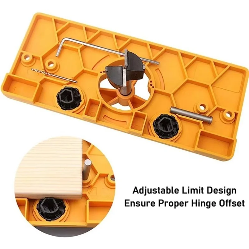 A74E-Posizionamento dei fori Stile tazza Kit di strumenti per cerniera di perforazione Guida noiosa Localizzatore di fori per cerniera Modello di fori per porta Maschera per cerniera