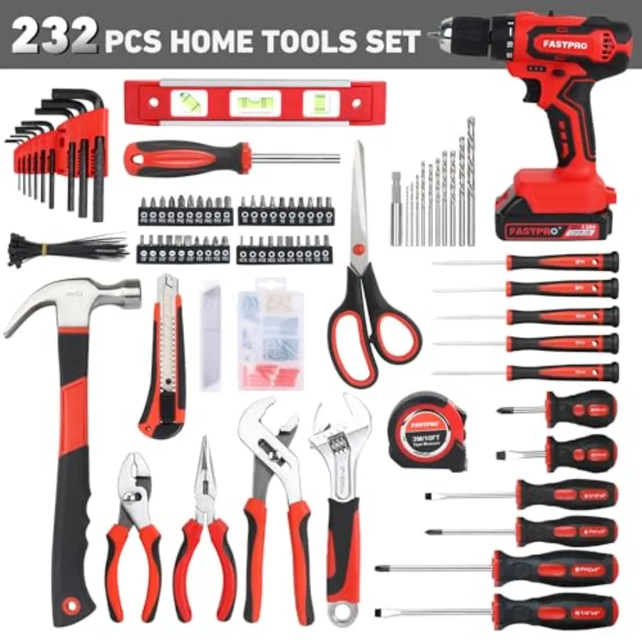 Set Perkakas Rumah Bor Tanpa Kabel Lithium-ion 20V 232-Piece untuk Perbaikan Rumah Tangga Termasuk Bor Mulut Lebar 12-Inci S
