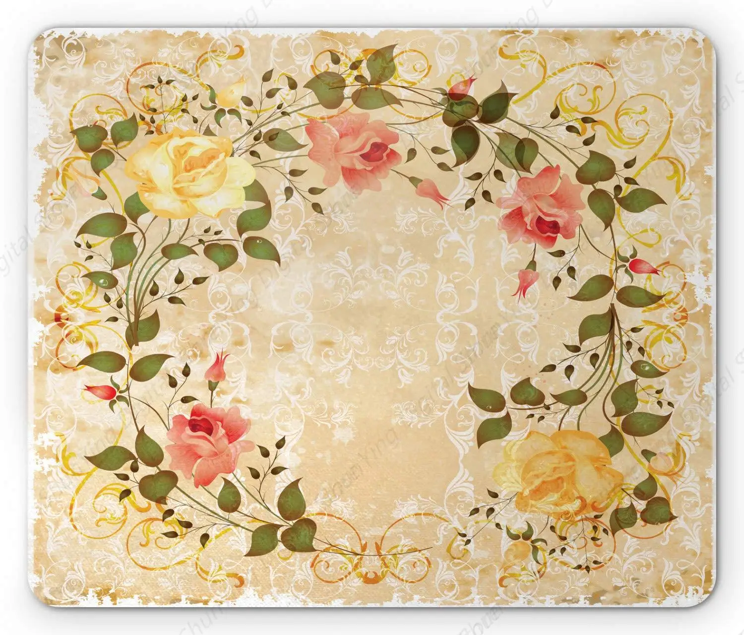 

Retro Computer Mouse Pad With Oval Flower Crown Inlaid With Leaves And Roses Bohemian Style Anti Slip Rubber Gaming Mouse Pad