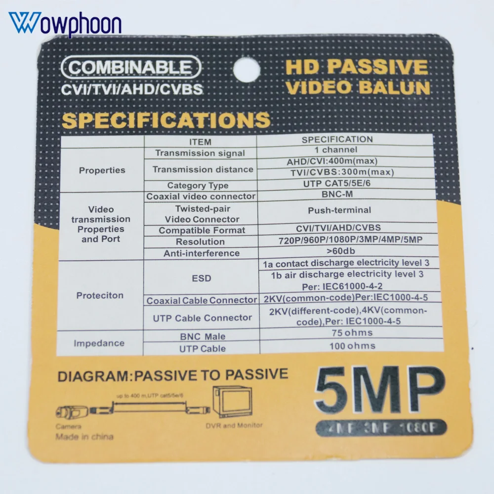 HD Video Balun Passive Transmission, Twisted Pair Transmitter, CCTV Cable for AHD, CVI, TVI Video Signal, 5MP 10 Pairs customizd