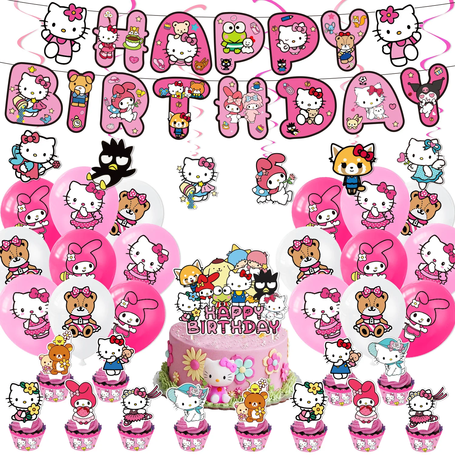 Hello kitty Birthday Party Decoration Tableware Supplies Hello kitty Melody Foil Balloon Backdrop Banner Cake Topper Baby Shower