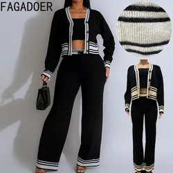 FAGADOER Autumn Winter Quality Knitt Women 3 Piece Set Outfit Elegant Casual Knitwear Stripe Patchwork Coat + Pants + Tube Top