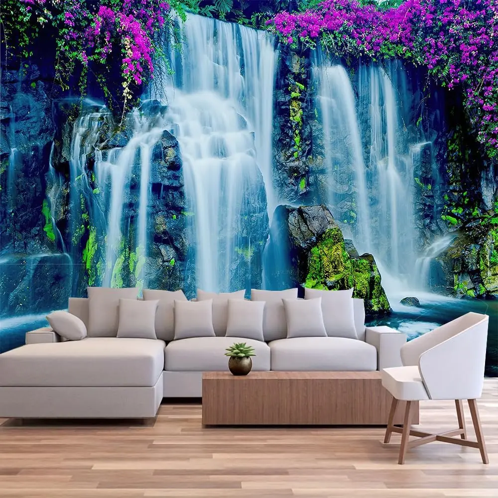 Waterfall Tapestry Purple Forest Wild Flowers Floral Mountain Jungle Plants Nature Landscape Wall Hanging Bedroom Living Room