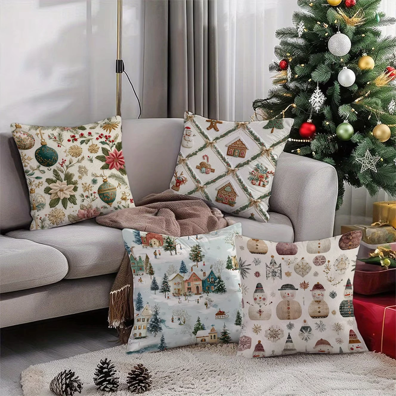 Festlicher Blumen- und Weihnachtskissenbezug – dekorativer Kissenbezug für Sofa, Auto, Schlafzimmer
