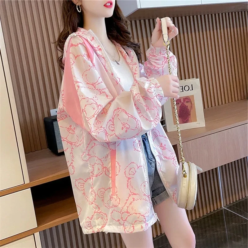 Sun Protection Clothing Women's Outer Wear New Summer Thin Bear Print Long Sleeve Loose Breathable Hooded Sun Protection Jacket