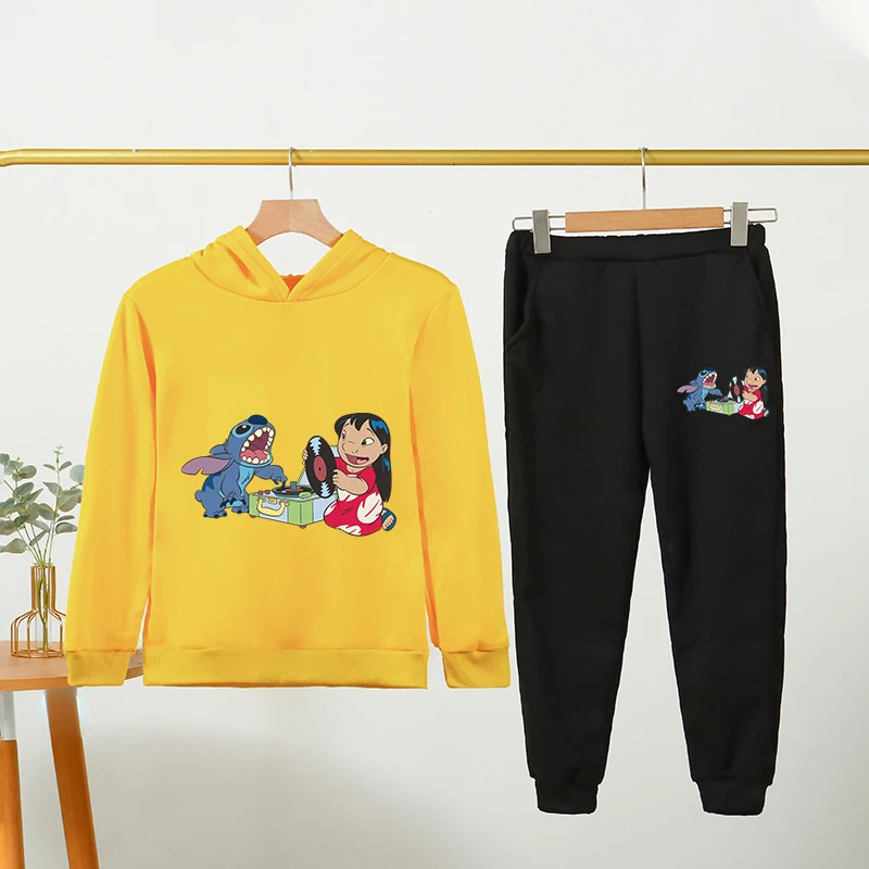 

Kawaii Stitch Hoodie For Girls Casual Long-sleeves Sweatshirt+long Pants Sets for 7-13 Years Kids Autumn 2pcs Set Clothing