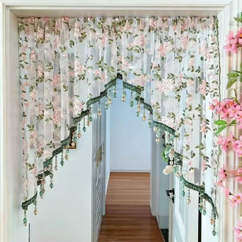 French Style Vintage Half Curtain Embroidery With Beaded Lace Triangle Curtains Romantic Bohemian Kitchen Partition Tulle Window