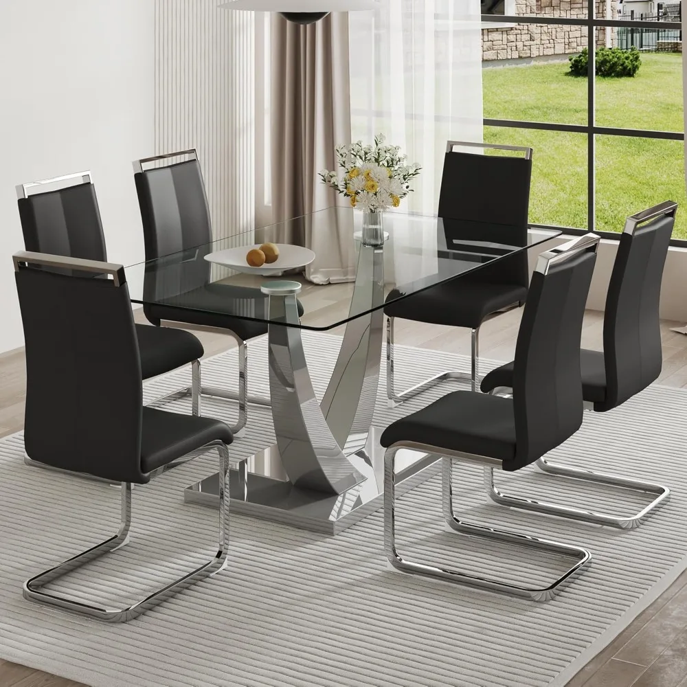 

67'' 7-piece Glass Dining Table Set,Dining Table Set with Chairs, U-Shaped Metal Tables Legs, Tempered Glass Dining Table Set