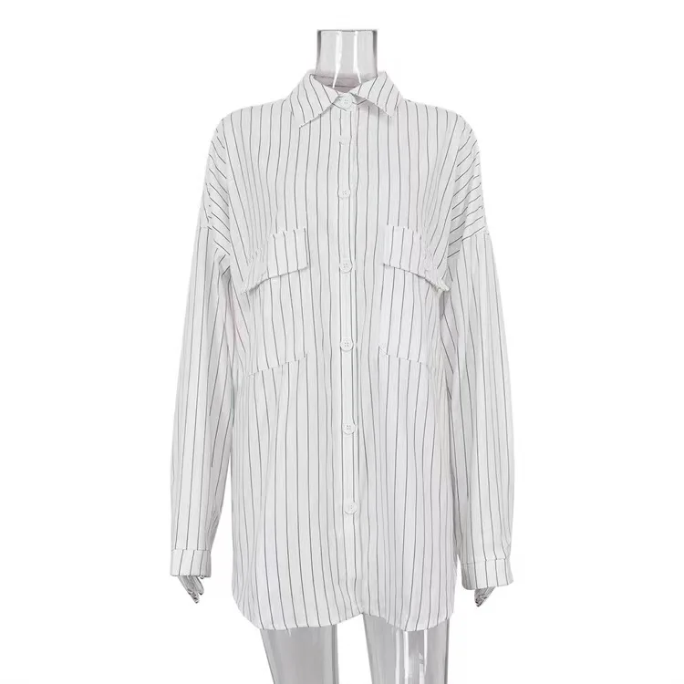 Loose Casual a righe irt Colletto rovesciato Lungo Sve Modello a righe Premium Faion da donna Comodo vestibilità ampia irt