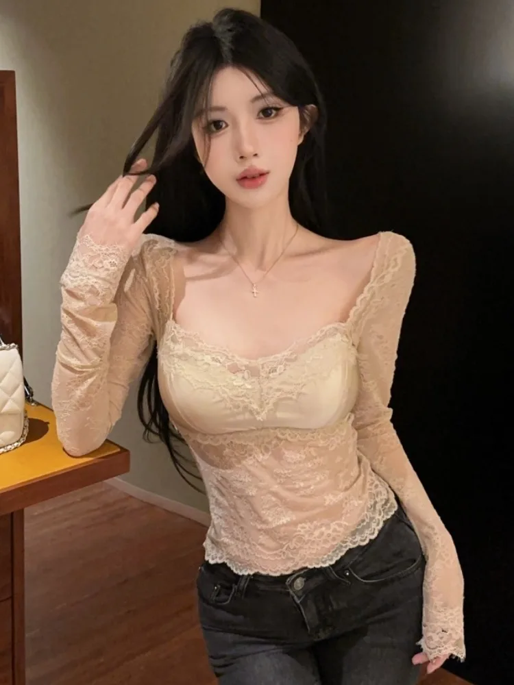 

Pure Desire Lace Splice Short Sleeve Women's T-shirt High Elasticity Spicy Girl Long Sleeve Spring New Style with Chest Pad