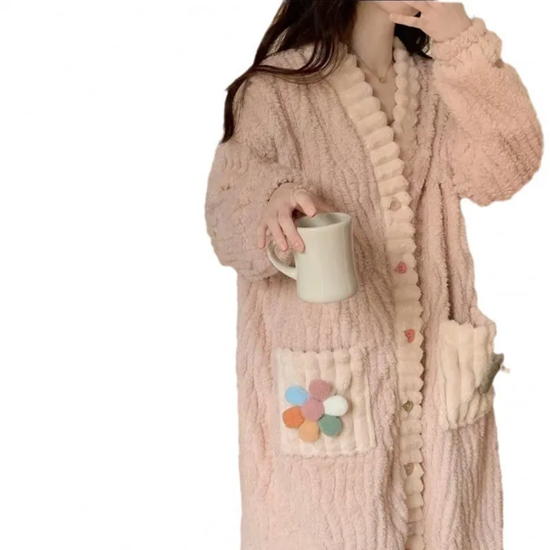 Flannel Rainbow Cardigan Sleeping Robe Set for Women 2024 Autumn/Winter Long Size Coral Velvet Warm Home Clothes