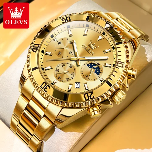 Imagen 1 del producto OLEVS 2870 reloj dorado de lujo para hombre, reloj de pulsera masculino resistente al agua de negocios a la moda, reloj de cuarzo de fase lunar de marca Original para hombre