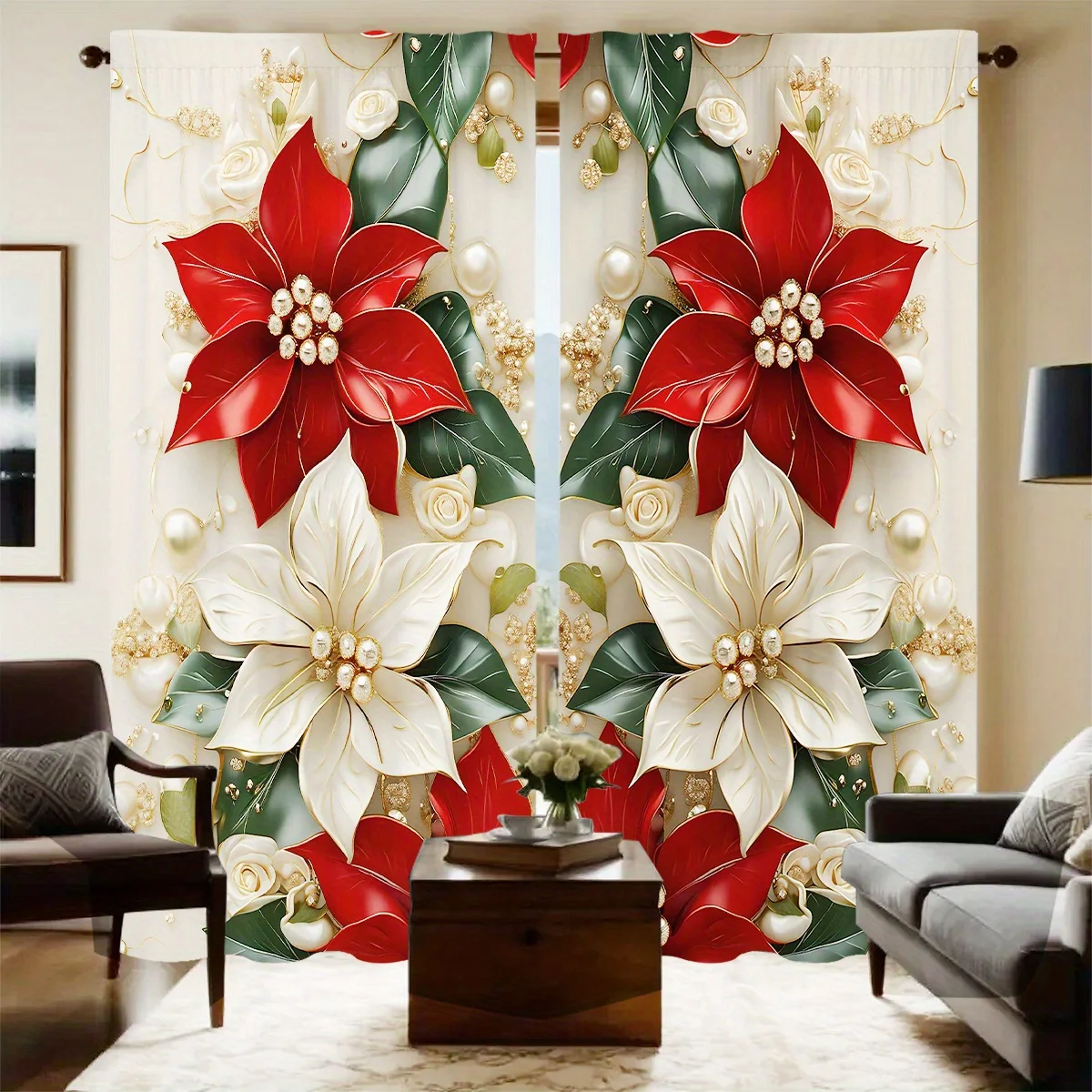 2pcs Red White 3D Floral Art Curtains, Semi-Transparent Polyester with Golden Accents for Living Room Bedroom Decor