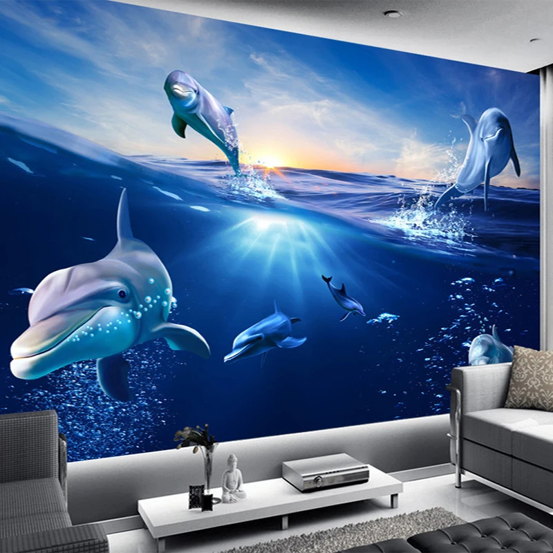 Customized Cartoon Mural Wallpaper Sunrise Dolphin Out Water Kids Bedroom Living room sofa TV background wall restaurant sea 8d