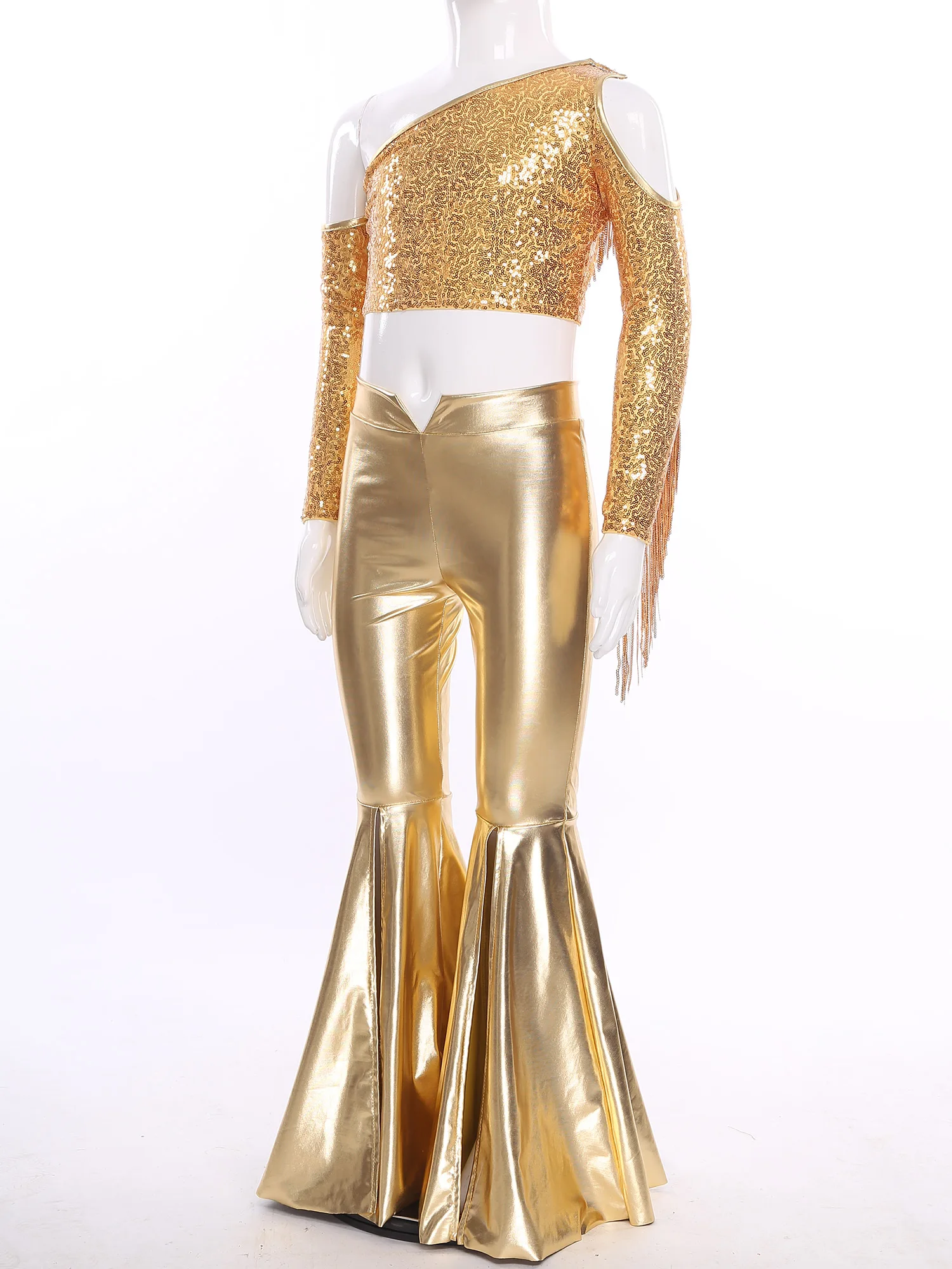 زي رقص الجاز للفتيات زي هيبي معدني 70s بكتف واحد شرابات لامعة ترتر مع بدلة بناطيل جرس سفلي