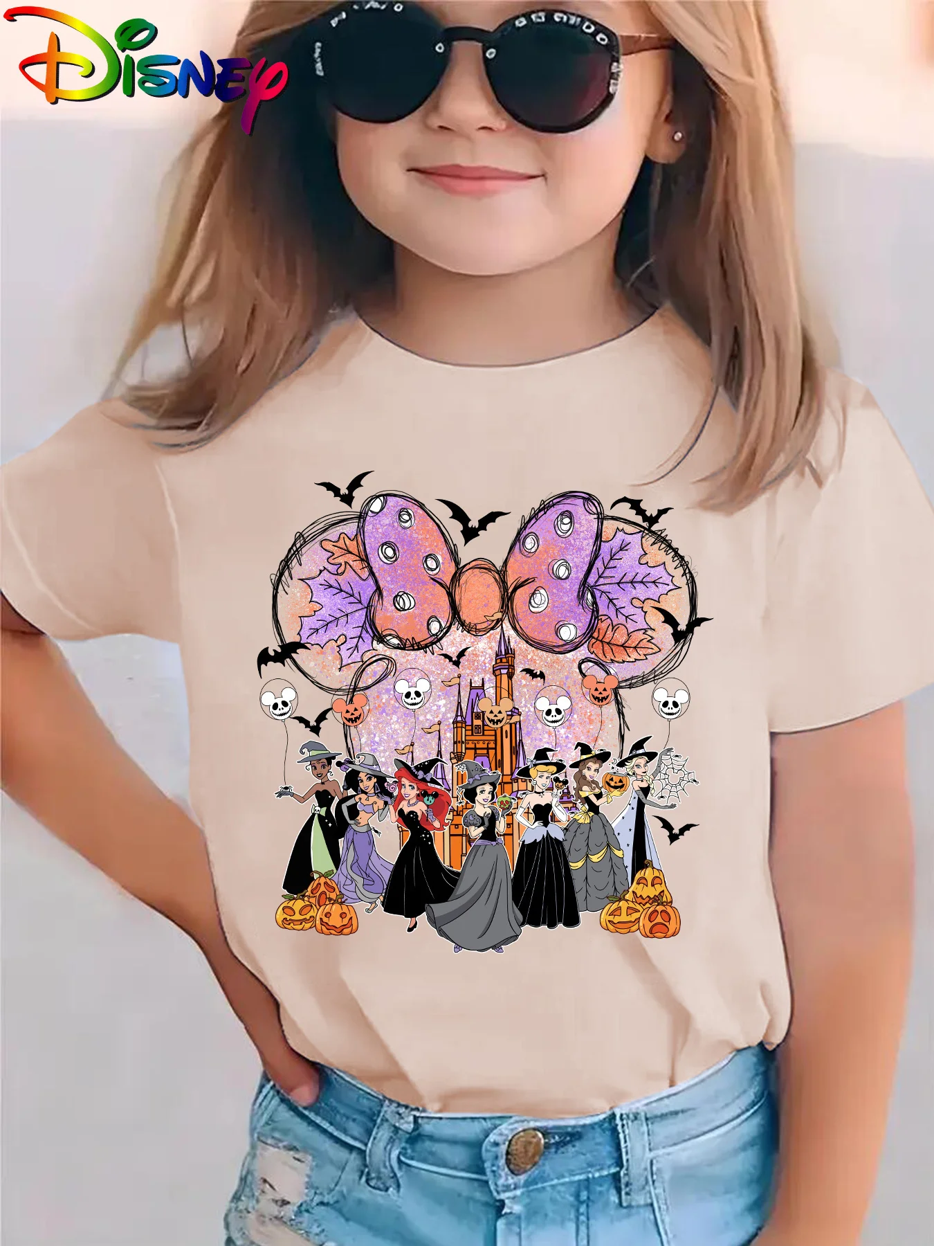 تي شيرت مطبوع عليه أميرات قلعة ديزني للفتيات في الهالوين، قميص كاجوال مناسب للأم والابنة برقبة دائرية وأكمام قصيرة #2