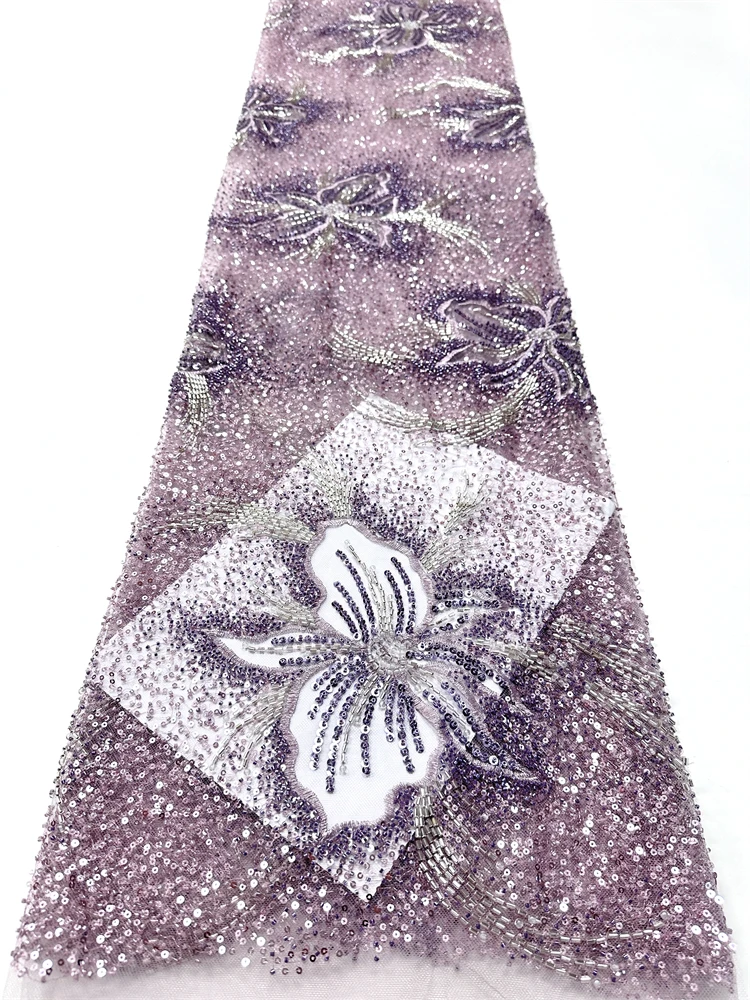 Hermosa tela de encaje de cuentas africanas de encaje de fiesta de lentejuelas nigerianas 2025 de alta calidad 5 yardas de tul francés africano encaje de red de boda