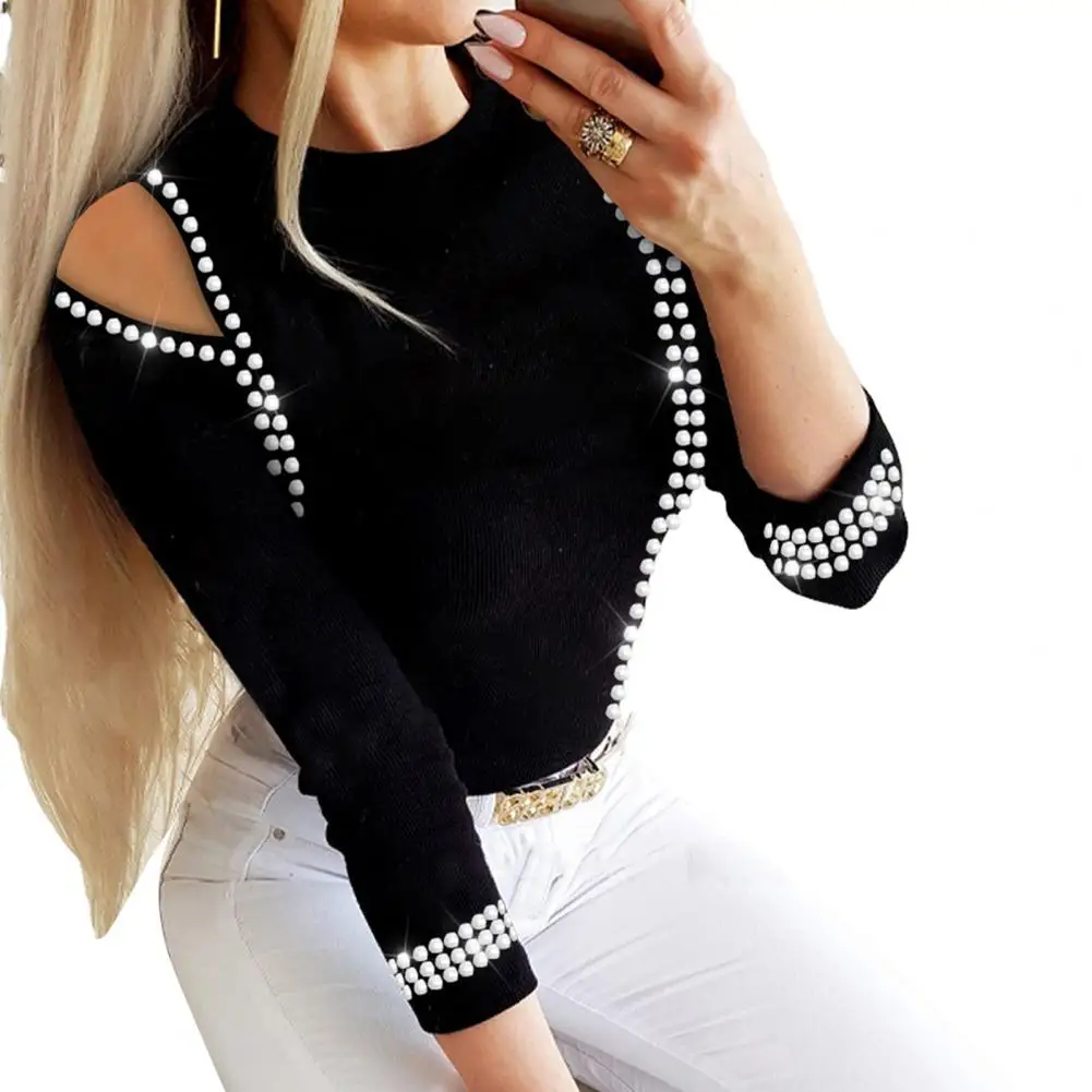 

Spring Autumn Top Stylish Women's Rhinestone Embellished Blouses O-neck Tops Heart Pattern Pullover Office Lady for Autumn