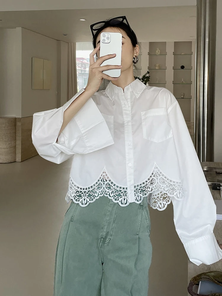 Spring Long Sleeve Shirt Women Hollow Out Blouses Autumn Patchwork Streetwear