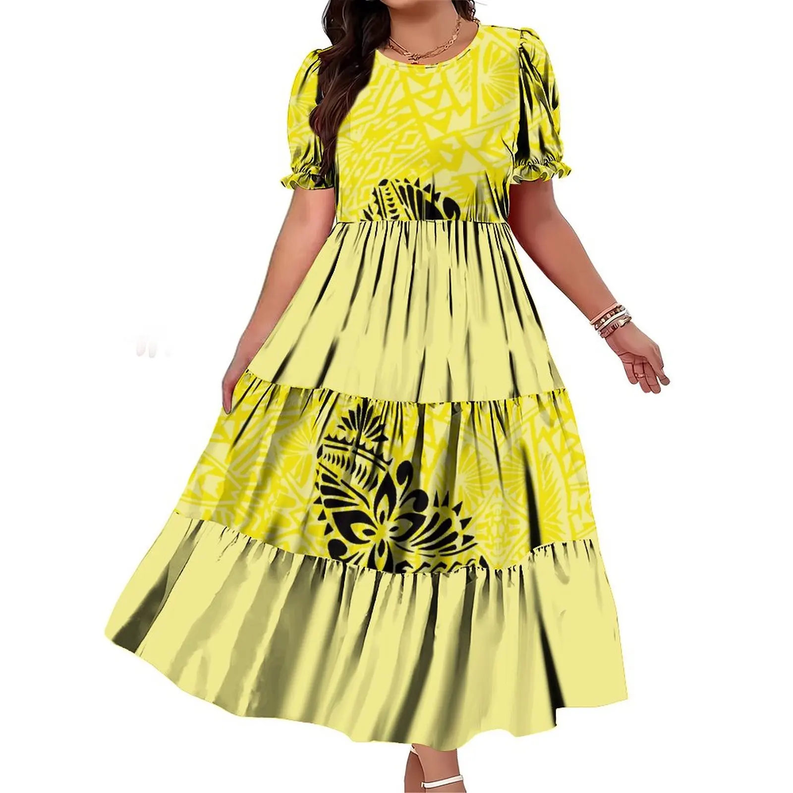 Factory Wholesale Customized Pacific Island Art Design Dress Women O-neck Long Dress Puff Sleeve Multi Tiered Dress Lady Clothes