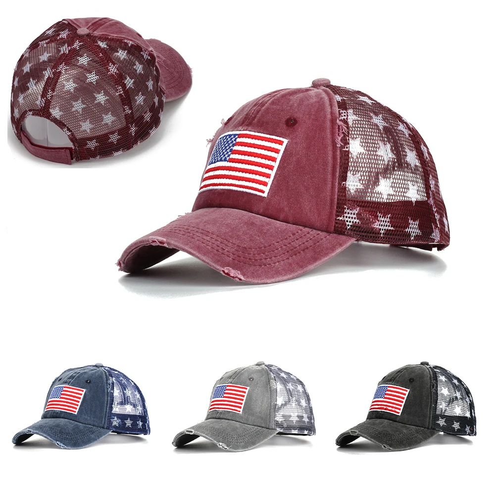 4 Colors Distressed American Flag Star Ball Cap Denim Baseball Cap Women Jeans USA Flag Hat