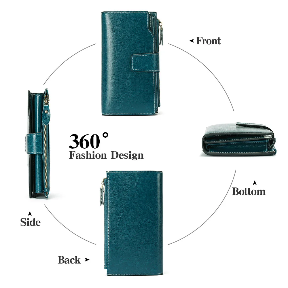 Ladies Long PU Leather Wallet RFID Blocking Snap Buckle Multi‑Card Slots Zipper Coin Pocket Large Capacity Women Clutch Purse