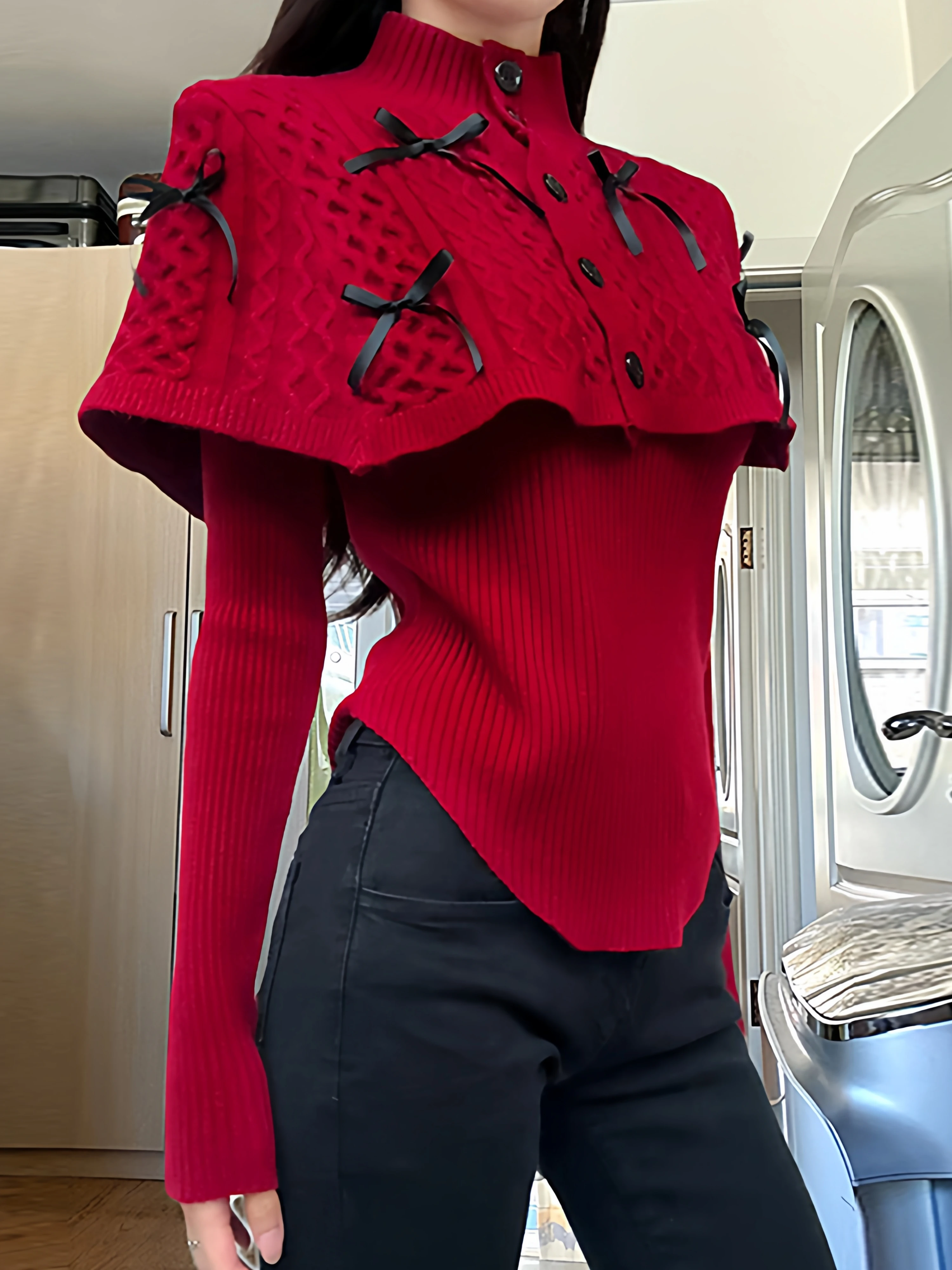 

Новый женский зимний комплект из 2 предметов красного вязаного пуловера с бантом, элегантные однотонные топы с асимметрией, роскошные офисные наряды для поездок на работу